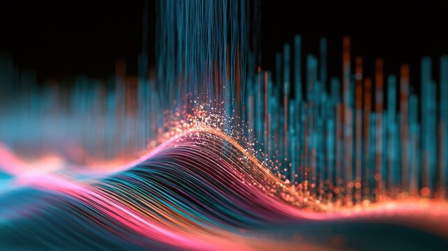 Abstract lines and glowing particles form a dynamic wave of light and energy