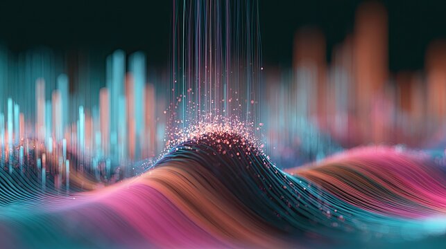 Abstract digital data visualization with flowing lines and glowing particles