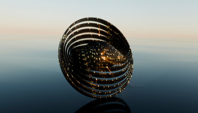 A 3d rendering of an abstract reflective sphere with concentric rings