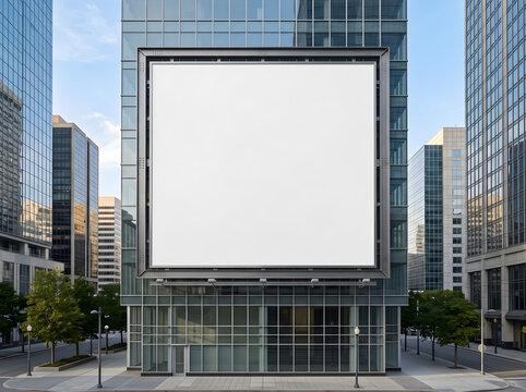 Large Square Billboard Mockup attached to Glass Wall of Modern Skyscraper