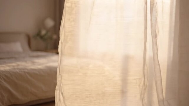Sunlight Streaming into a Bright Bedroom as Sheer Curtains Gently Sway Creating a Peaceful Morning Ambiance