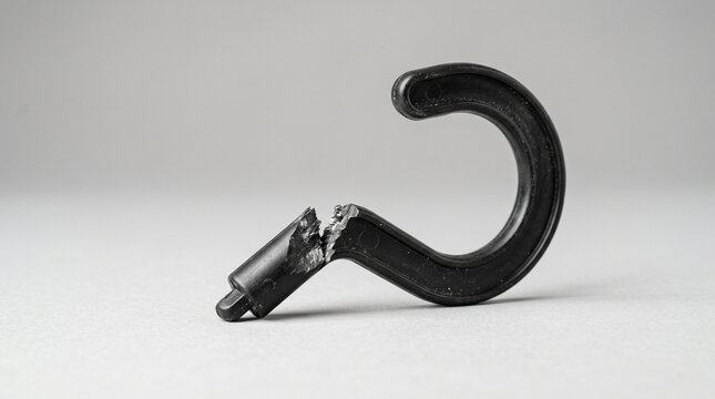 Black plastic hook with minor damage on a gray background
