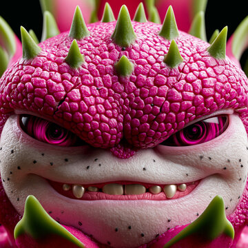 Pinke Drachenfrucht mit stacheligem Monstergesicht und breitem Grinsen