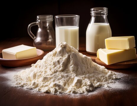 a pile of all purpose flour beside milk and butter