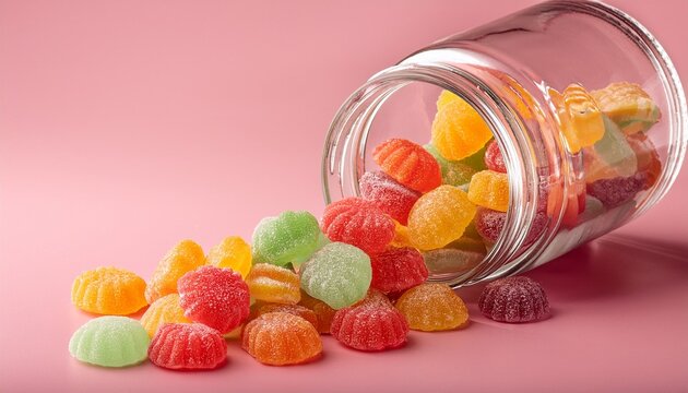 a pile of colorful gummy candies spills out from a glass jar onto a pink surface