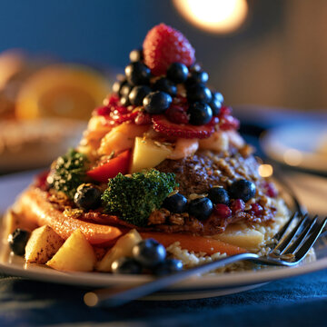 Gourmet savory meal platter topped with fresh berries vegetables and roasted nuts