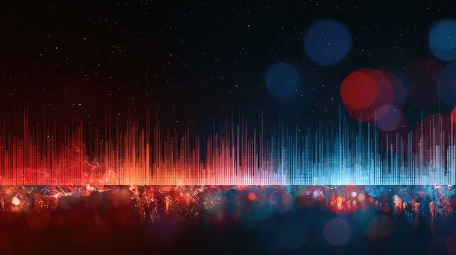 Abstract sound wave visualization with bokeh lights on a dark background