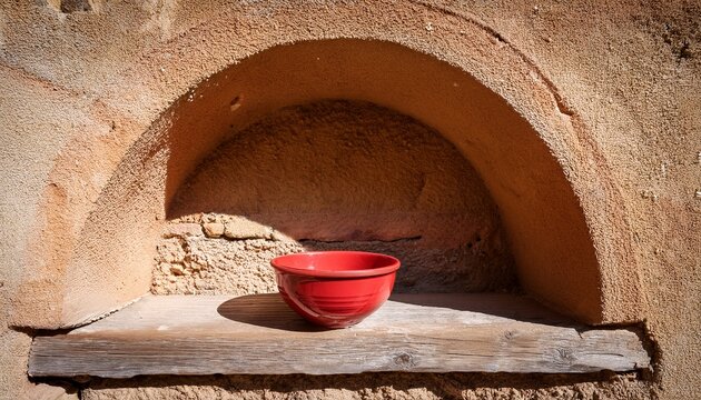 a rustic alcove in a weathered tan wall a small red bowl rests on a ledge