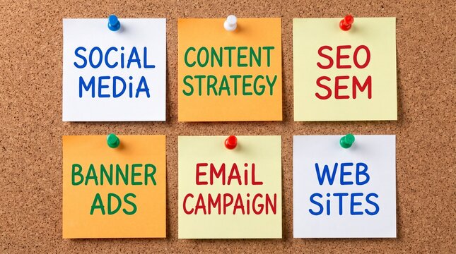 Digital marketing concepts displayed on colorful sticky notes attached to a cork bulletin board surface