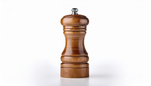 a wooden pepper mill with a silver knob on top isolated on white background