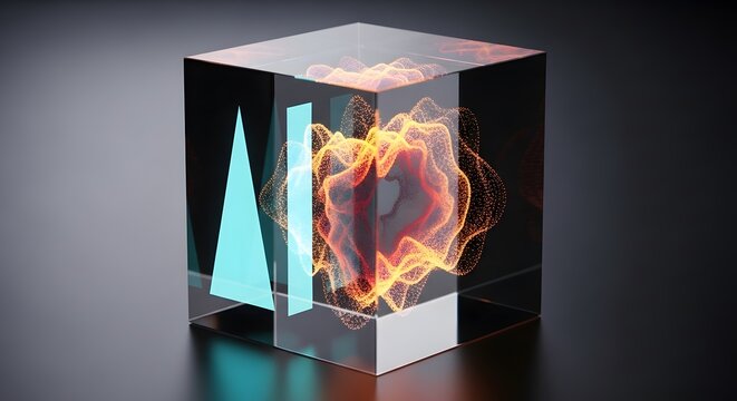 3D glass cube with exploding fireball inside. Dynamic digital art of energy burst trapped in transparent geometric block.