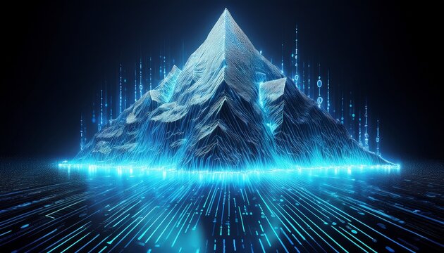 abstract conceptual blue neon data glacier built from glowing binary code in dark void