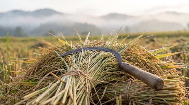 Traditional sickle resting on harvested rice stalks in a misty field