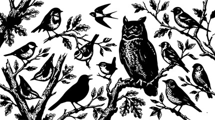 Fototapeta premium Birds set with monochrome line art featuring flying, perching, and singing with detailed feathers and minimalist style