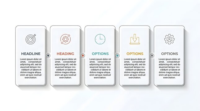 Five step infographic template with vertical rectangular boxes and line icons for business process data presentation