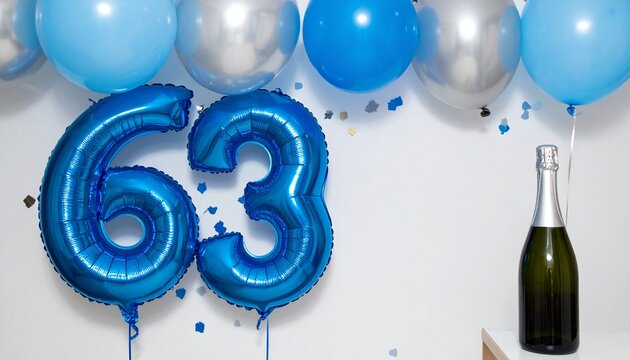 Blue Number 63 Balloon with Champagne Bottle for Birthday or Anniversary Celebration