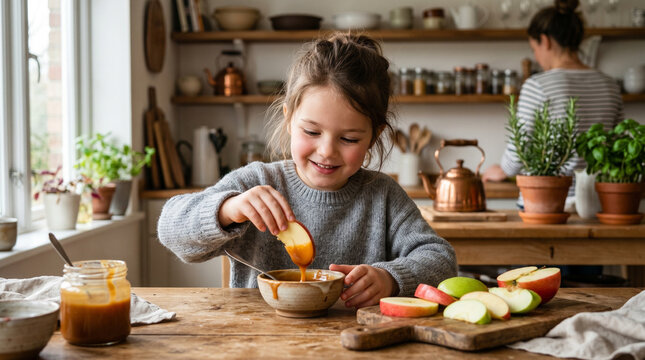 Young girl smiling while dipping apple slices into caramel sauce in kitchen  