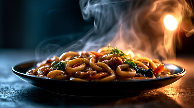 Hot steaming plate of gourmet stir fried calamari rings and mixed vegetables at dusk