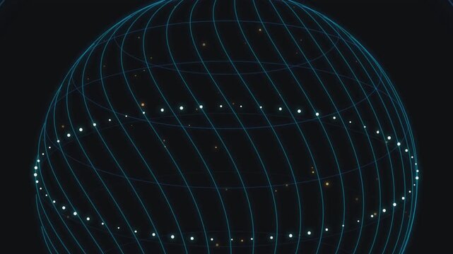 Abstract digital globe wireframe rotating with glowing light particles in dark space background.