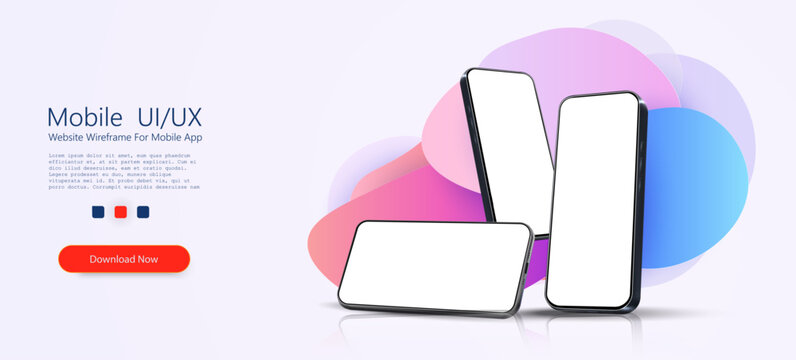 Three modern smartphone mockups with blank white screens in portrait and landscape orientations, arranged over colorful abstract gradient shapes on a light background.