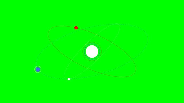 Minimalist digital illustration of an atom model against a green background