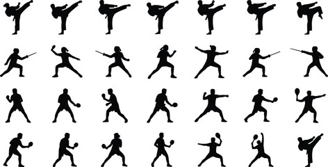 Silhouette collection set of sports and martial arts including karate kicking fencing and racket sports © MdAsikul