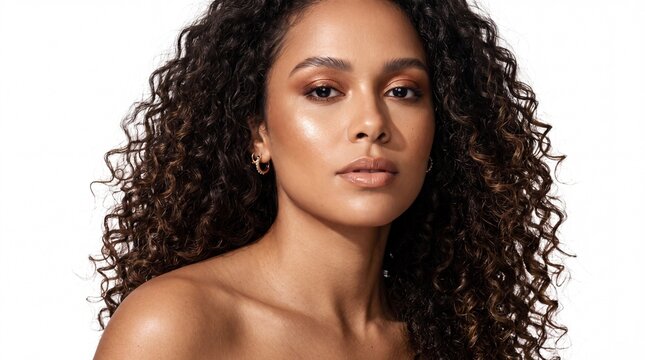 Beautiful young mixed race woman with long voluminous curly hair and natural bronzed makeup posing against a white background in a studio beauty portrait