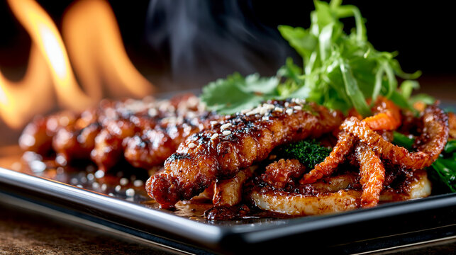 Grilled meat dish served on hot iron plate with fresh herbs and smoke, restaurant