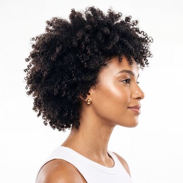 Side Profile of Beautiful Young Black Woman with Natural Afro Hair and Glowing Skin Isolated on White Background