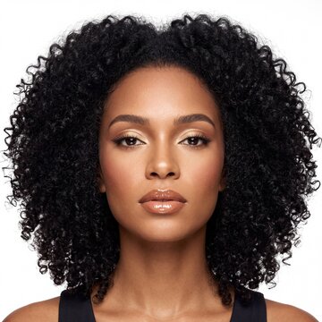 Studio portrait of a beautiful young African American woman with voluminous natural curly hair and glowing makeup looking at the camera against a white background