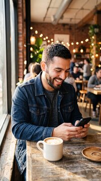 Smiling young man using smartphone while enjoying a cup of cappuccino at a wooden table inside a cozy coffee shop