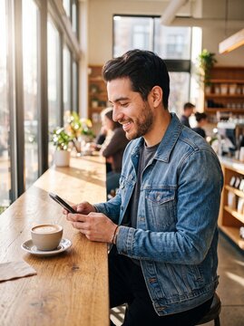 Smiling young Hispanic man sitting at a wooden counter in a modern coffee shop and using his smartphone next to a cup of fresh latte coffee