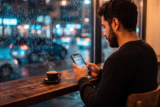 A young man using his smartphone while sitting inside a cozy cafe by a rainy window with a hot cup of steaming coffee on a dark evening
