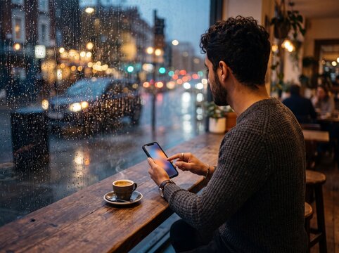 Young man using a smartphone at a cozy coffee shop window on a rainy evening with a hot cup of espresso
