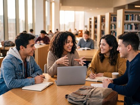 Diverse group of college students working collaboratively around a table in a modern university library with laptop and notebooks