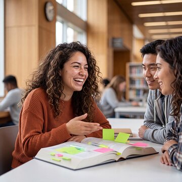 A happy young female college student laughs cheerfully while studying in the library with her classmates using textbooks and sticky notes