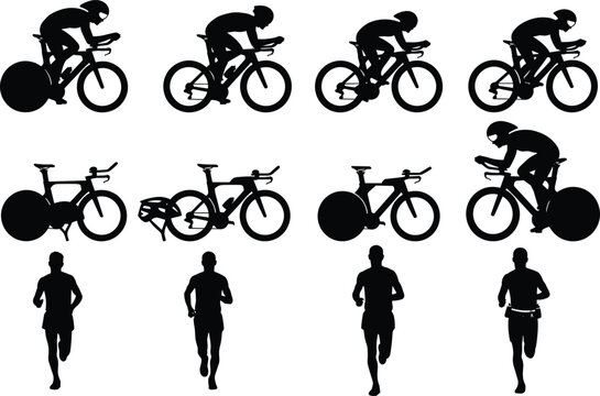 Silhouette collection set of triathlon athletes racing including cycling TT bike riding and long distance running