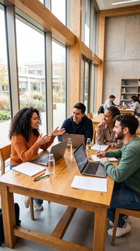 Diverse group of university students studying together around a table with laptops in a modern campus library