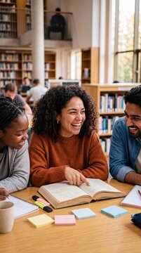 Group of happy multicultural university students studying together, reading books and laughing at a table in a modern library during exam preparation