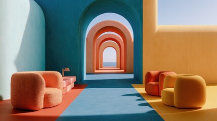 Fototapeta premium Abstract, brightly colored architectural interior with archways leading to ocean view