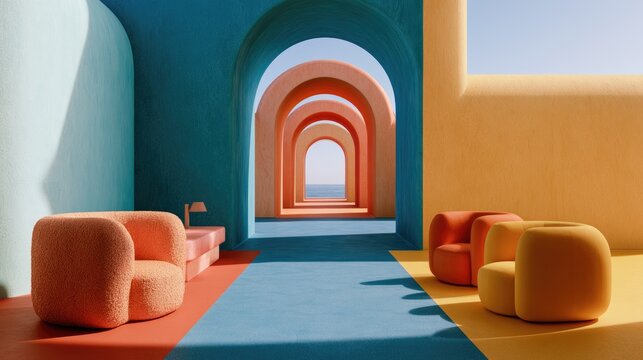 Abstract, brightly colored architectural interior with archways leading to ocean view