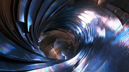 Fototapeta premium Metallic vortex tunnel with iridescent light reflections, abstract depth
