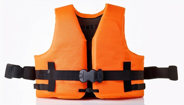 bright orange foam life jacket vest with black adjustable straps isolated on a white background