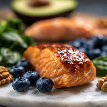 Fresh baked salmon fillet with blueberries walnuts and healthy green vegetables