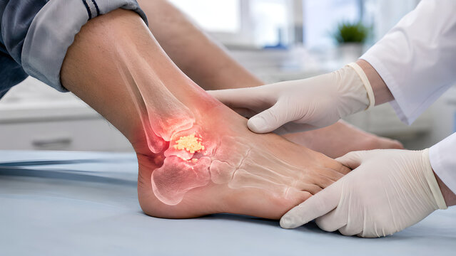 Ankle gout clinical procedure with urate crystal arthritis shown in a photorealistic medical illustration of inflamed ankle joint for healthcare education, clinic communication, and patient awareness