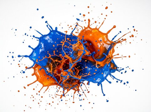 Dynamic explosion of vibrant blue and orange paint splashing together in mid-air against a clean white background