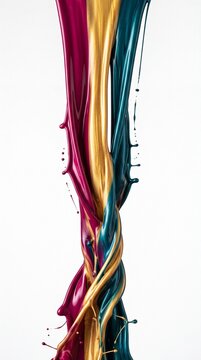 Dynamic vibrant twisted stream of glossy magenta gold and teal fluid paint splashing on isolated white background