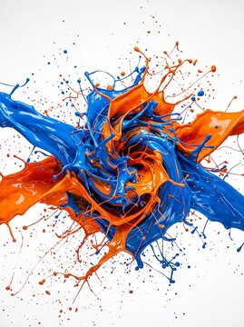 Vibrant blue and orange paint dynamic splash explosion forming a swirling spiral pattern isolated on a white background