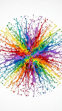 A dynamic explosion of vibrant rainbow paint splashes exploding outwards in a radial pattern against a white background