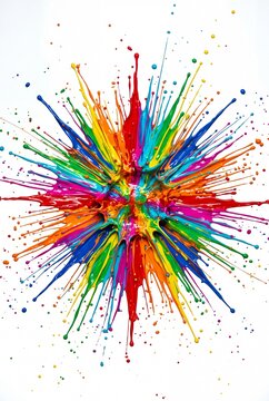 Bright rainbow colored paint exploding outward in a dynamic radial splash isolated on a white background, creating an energetic abstract art design
